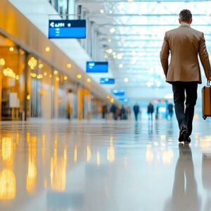 Business traveler walking at airport terminal in Latin America.