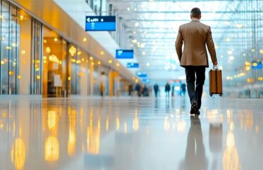 Our Company 20 Business traveler walking at airport terminal in Latin America.